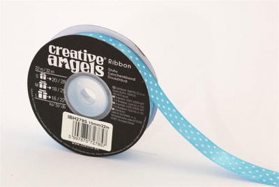 Szatén szalag, 15 mm x 22 m, világos kék fehér pötyökkel