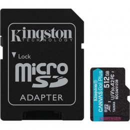 Memóriakártya, microSDXC, 512GB, C10/UHS-I/U3/V30/A2, Gen4, adapter, KINGSTON "Canvas Go! Plus"